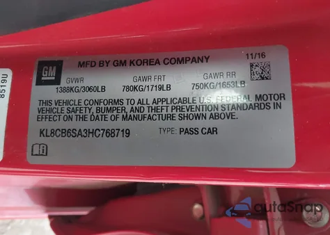 2017 Chevrolet Spark Ls Cvt из США, поврежденный, VIN KL8CB6SA3HC768719